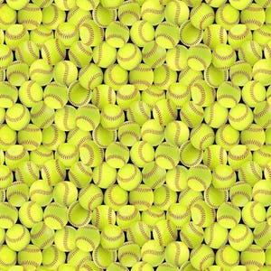 May include: A repeating pattern of bright yellow softballs, each featuring prominent red stitching. The balls are arranged in a dense, uniform grid, creating a textured surface of spherical shapes across the entire frame.