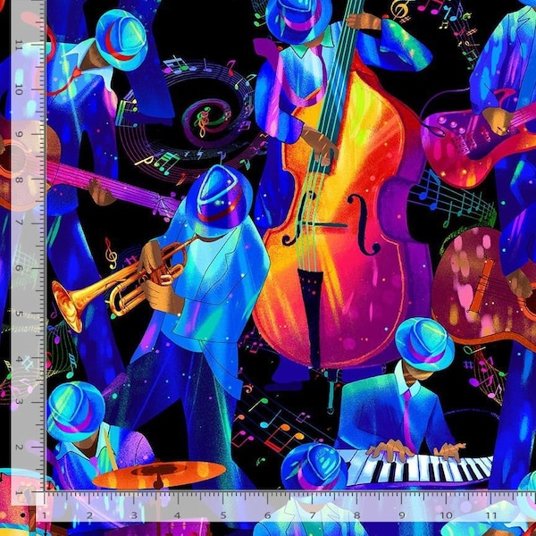 30x44" Remnant Music Fabric by the Yard / Jazz Fusion Colorful Band Fabric