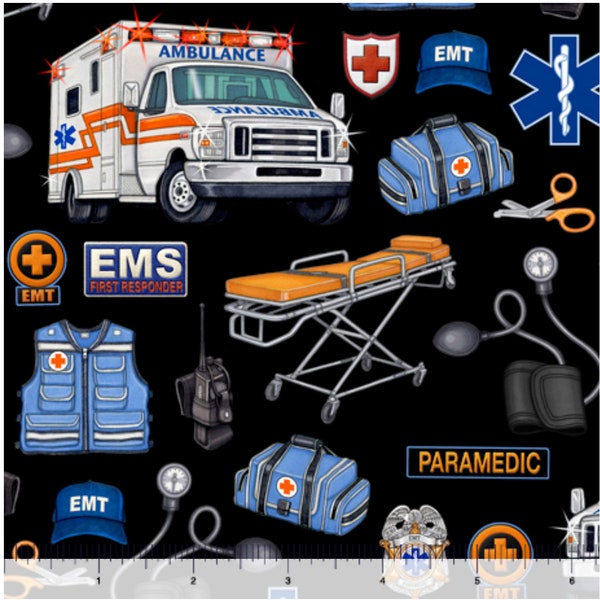 What The Dr Ordered Medical Rescue Toss Fabric by the yard from QT Fabrics, Military, Police, Fire, Medical First Responder, QOV Collection