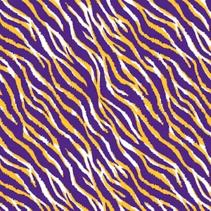 May include: A repeating textile pattern featuring diagonal tiger stripes in alternating colors of deep purple, bright yellow, and crisp white. The organic, wavy lines create a continuous, high-contrast graphic design across the entire surface.