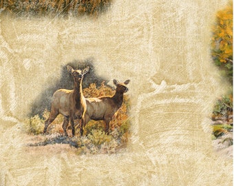 Tessuto Elk / Tessuto da caccia Elk Vignettes / Collezione Wild Elk di QT Fabrics, disponibili metraggio e quarti di grasso