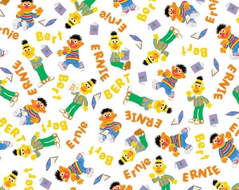 Sesame Street Fabric / Tossed Bert and Ernie on White by QT Fabrics, Sesame Street Cotton Material Yardage & Fat Quarters Available