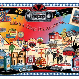 Puede incluir: Una ilustración colorida de la Ruta 66, una famosa carretera estadounidense, con un esquema de colores rojo, blanco y azul. La ilustración presenta varios puntos de referencia y símbolos asociados con la Ruta 66, incluyendo un restaurante, un autocine, un automóvil antiguo y una playa al atardecer. El texto "Life's A Kick On Route 66" se muestra de forma prominente.