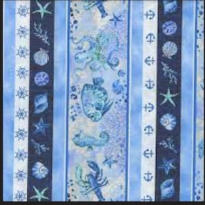 Ocean Sea Neuheit Streifen Schildkröte, Seepferdchen, Seestern Stoff / The Sea is Calling Stoffkollektion von Studioe Fabrics / Fish Fabric Yardage
