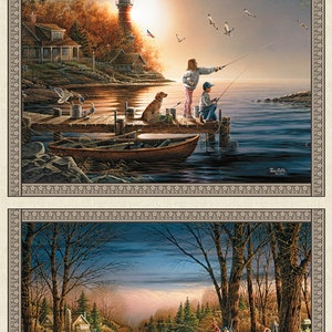 Spring Summer Season 24&quot; Panel Pan/Multi  Fabric Panel / Children Fishing Fabric Panel / Camping Panel / Lakeside Camping Quilting panel