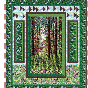 May include: A Sidelights throw quilt measuring 60 inches by 69 inches, featuring the Into the Meadow fabric by Hoffman. The design includes a central forest scene with sunbeams, surrounded by floral borders and geometric brown triangle accents.