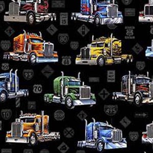 Big Rigs Truck on Black Fabric, Heavy Metal Fabric, Muscle Cars Dan Morris QT FAbrics / America&#39;s Highway Material / Fat Quarters, Yardage