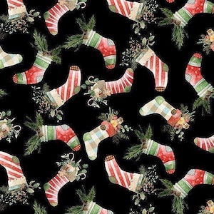 May include: A repeating pattern on a black background featuring watercolor-style Christmas stockings in various designs, including red and white stripes, green and red plaid, and blue and white checks, all filled with pine branches and berries.