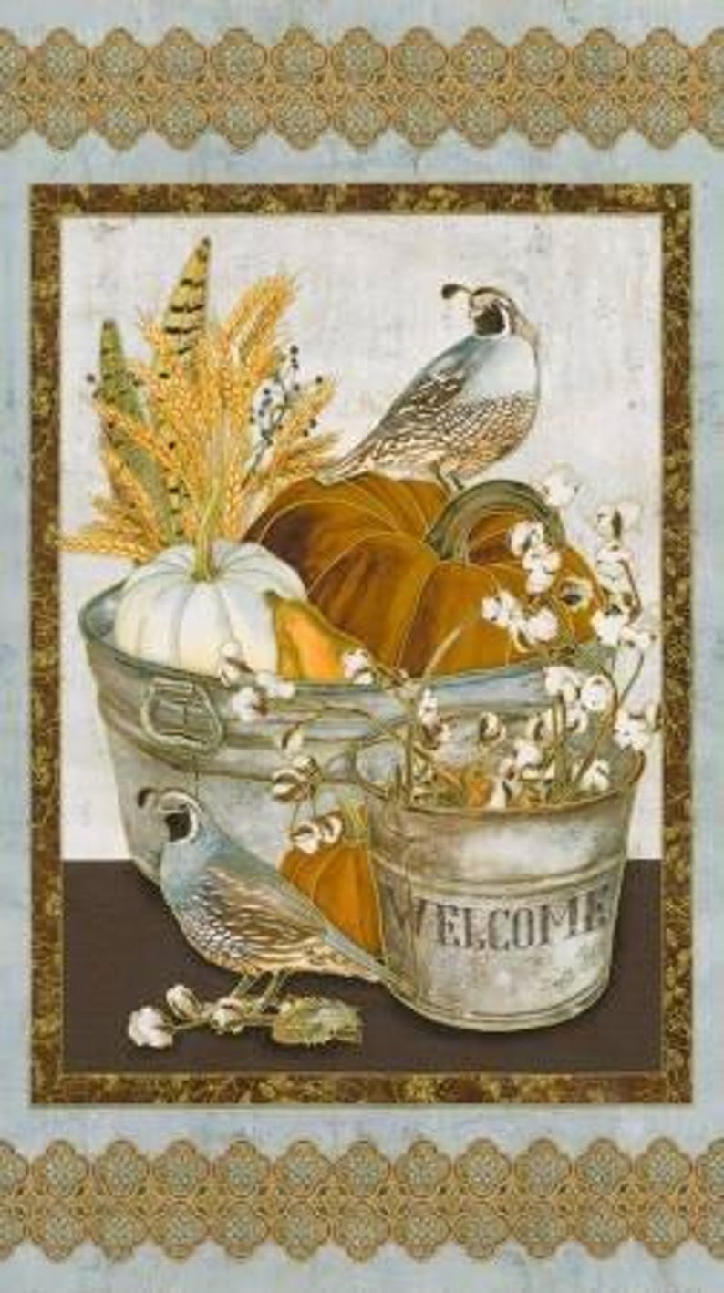 Quail and Pumpkin Panel Quilt Fabric Panel / Autumn Harvest 24 Inch ...