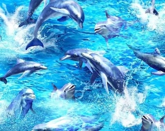 Dolphins Fabric / Dolphins Jumping The Deep Ocean Life Fabric by the Yard by Oasis Fabrics / Ocean Fish Fabric Fat Quarter and Yardage