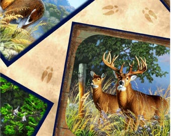 Deer Patches on Tan fabric by the yard, Deer Ridge collection by QT Yardage and Fat Quarters Available