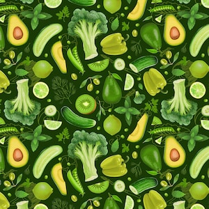 Green Vegetables Toss Fabric by the Yard / Food Material /Homestead Harvest Collection by Paintbrush Studio Fat Quarters and Yardage