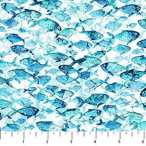 Schooling Fish on White Fabric / The Deep Blue Ocean Life Fabric by Northcott Fabrics / Ocean Fish Fabric Fat Quarter and Yardage