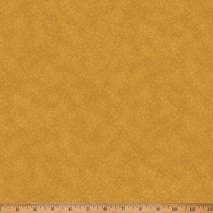 May include: Mustard-coloured fabric featuring a repeating pattern of swirling, golden-yellow scrollwork. The fabric has a subtle sheen, and the scrollwork is evenly distributed. The overall effect is a rich, textured appearance.