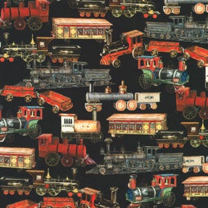 Könnte beinhalten: Ein schwarzer Stoff mit einem sich wiederholenden Muster aus Dampflokomotiven, Personenwagen und Güterzügen im Vintage-Stil in den Farben Rot, Schwarz, Gold und Grün. Die detaillierten Illustrationen zeigen verschiedene Zugmodelle.
