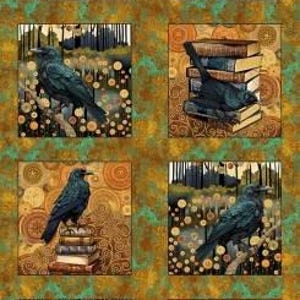 Crows and Books 24&quot; Block Panel Crow-Mazing by Henry Glass Fabric Panel / Fabrics by the Panel / Autumn, Fall, Abstract, Halloween