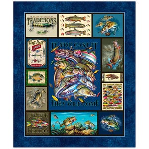 The Lure of Fishing 36" paneel van QT Fabrics / Lake Fishing Freshwater Life Animal Quilt bovenpaneel