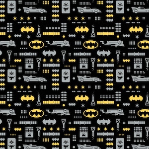 May include: A black and yellow repeating pattern featuring a Batman logo, a Batmobile, and other Batman-themed symbols.