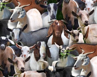 Goats on Black Fabric / Farm Animals Fabric / Elizabeth&#39;s Studios  434 Black / Goats Toss Fabric / Goats Yardage & Cow Fat Quarters