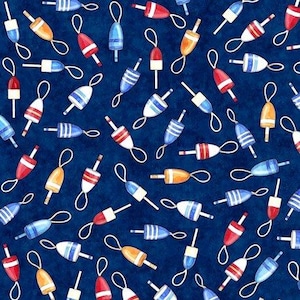 Fishing Boating Buoys on Blue Fabric by Quilting Treasures Material Yardage & Fat Quarters Available