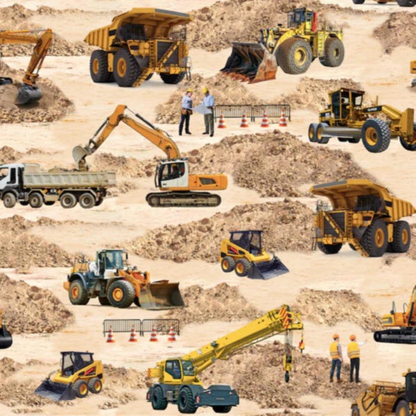 Construction Equipment Fabric, Big Construction Equipment Working on Tan Construction by KK Fabrics  / Fat Quarters, By The Yard, Yardage