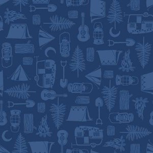 Beneath The Stars Camping Icons Tone on Tone Blue Fabric by Studio-e  / Camping Fabric / Vintage Camper Fabric / Yardage Fat Quarters