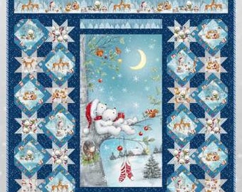 Woodland Gifts Quilt Kit / Christmas Winter Holiday Snowman Quilt, by Wilmington Prints Fabric for Quilt Top and Binding, Quilt 59x64"