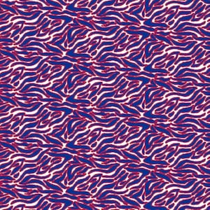 May include: A repeating pattern featuring blue and red wavy lines on a white background. The design resembles a zebra print, with the blue lines being the most prominent and the red lines outlining the blue.