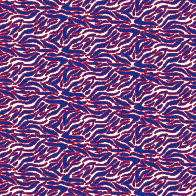 May include: A repeating pattern featuring blue and red wavy lines on a white background. The design resembles a zebra print, with the blue lines being the most prominent and the red lines outlining the blue.