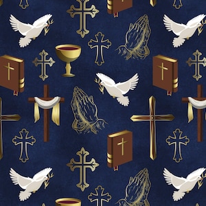 Religious Icons on Navy, The Power of Prayer by David Textiles Fabrics Religious Fat Quarter Yardage & Cotton fabric by the yard