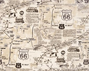 Route 66 Cream Map Fabric / Map Fabric / Timeless Treasures c7529 / America&#39;s Highway Fabric / Fat Quarter Fabric and Yardage