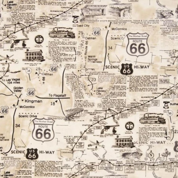 Route 66 Cream Map Fabric / Map Fabric / Timeless Treasures c7529 / America's Highway Fabric / Fat Quarter Fabric and Yardage