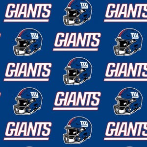 May include: A blue fabric pattern featuring the New York Giants logo, which consists of a dark blue football helmet with a white 'ny' emblem, and the word 'GIANTS' in bold white capital letters with a red underline, repeated across the surface.