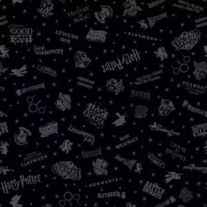 May include: A black fabric featuring a repeating pattern of grey Harry Potter themed icons and text, including the Hogwarts crest, house names, character names, magical objects, and stars scattered across the dark surface in a continuous print.