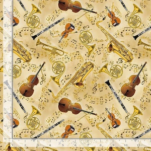 Music Fabric / Symphony Instruments on Gold w/ Metallic Fabric, Classical Music Simple Melody by Timeless Treasures Yardage & Fat Quarters
