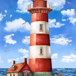 Lighthouse 24&quot;x43&quot; Fabric Panel / Beacon of Life by Timeless Treasures  / Light House Quilt Panel  Fabric Panel