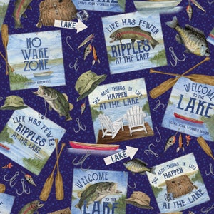 釣り用具の主な標識の言葉の生地 1 ヤードあたり、Riley Blake Fabrics の At The Lake Fishing Collection 釣り用生地 1 ヤードあたり