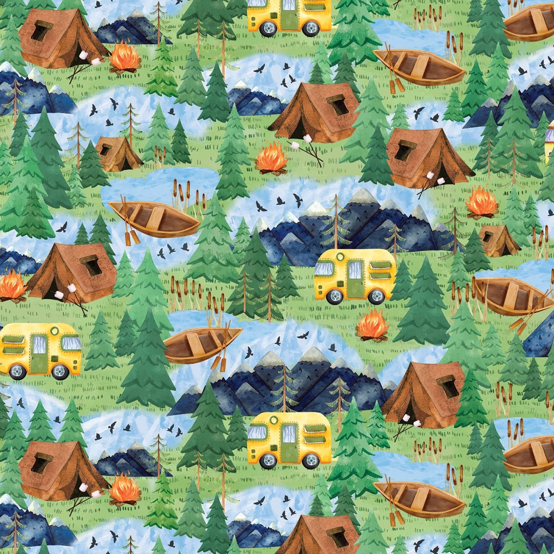 Camping Fabric, Live Love Camp Camping Scenic Fabric by Kanvas Studio ...