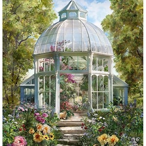 Botanischer Gartenhaus Gazebo 27"Digital Panel von Hoffman California Fabrics / Floral und Blumen Stoff Panel
