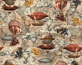Steampunk Fabric, Hot Air Balloons on Parchment  / Alternative Age Collection by Blank Quilting Fabric Yardage and Fat Quarters Available