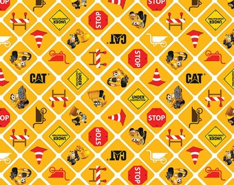 Tossed Construction Signs Fabric / CAT® Buildin' Crew Signs Yellow / Road Construction Fabric Riley Blake c8102 / Fat Quarters, By The Yard