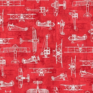 Airplane Fabric on Red Blueprint Fabric, First in Flight by 3 Wishes / Vintage Air Show Theory of Aviation / Fat Quarter & Yardage available
