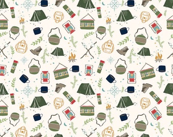 Camping Fabric, Love you Smore Camping Motifs on Cream Fabric by Riley Blake Designs Smore's Fabric Yardage and Fat Quarters