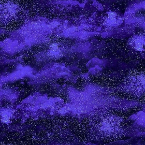 May include: A fabric pattern featuring a deep purple and black cosmic design with scattered white speckles resembling stars. The texture displays cloudy, nebulous shapes in varying shades of violet and dark indigo, creating a dense, layered effect.