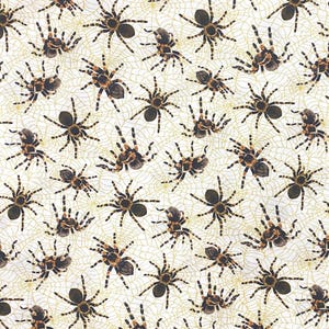 May include: White fabric with a repeating pattern of brown spiders and golden spiderwebs. The spiders have dark bodies and detailed legs, creating a Halloween or spooky theme.