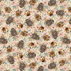 Steampunk Fabric, Bees on Flowers on Pink / Time Travel Collection by Blank Quilting Fabric Material Yardage and Fat Quarters Available