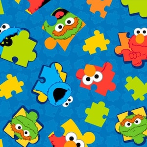 Sesame Street Fabric / Puzzle Pieces on Royal Blue Fabric by QT Fabrics, Sesame Street Cotton Material Yardage & Fat Quarters Available
