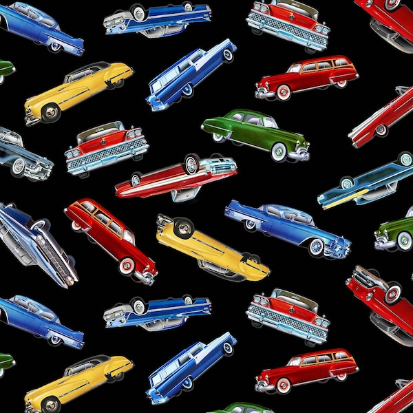 Black Tossed Classic Cars from Timeless Treasures c7983 Fat Quarters and Yardage Available