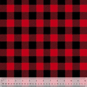 以下が含まれることがあります： 赤と黒のバッファローチェック柄が特徴の生地で、正方形のグリッドデザインが繰り返されています。下端には透明なプラスチック製の定規が配置されており、30センチメートルおよび12インチまでの測定目盛りが表示されています。