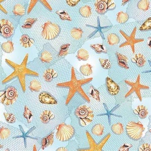Beachcomber Shells and Nets on Light Blue Fabric by the Yard by Kanvas Fabrics Yardage & Fat Quarters Available